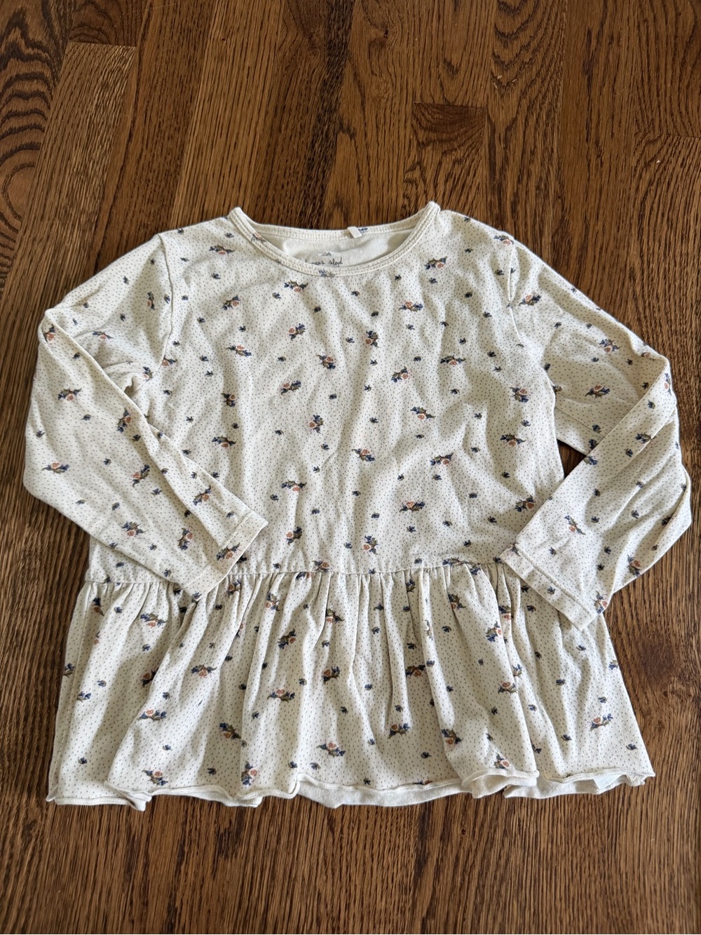 Girls' Cream Long-Sleeve Peplum Top with Tiny Floral Motif